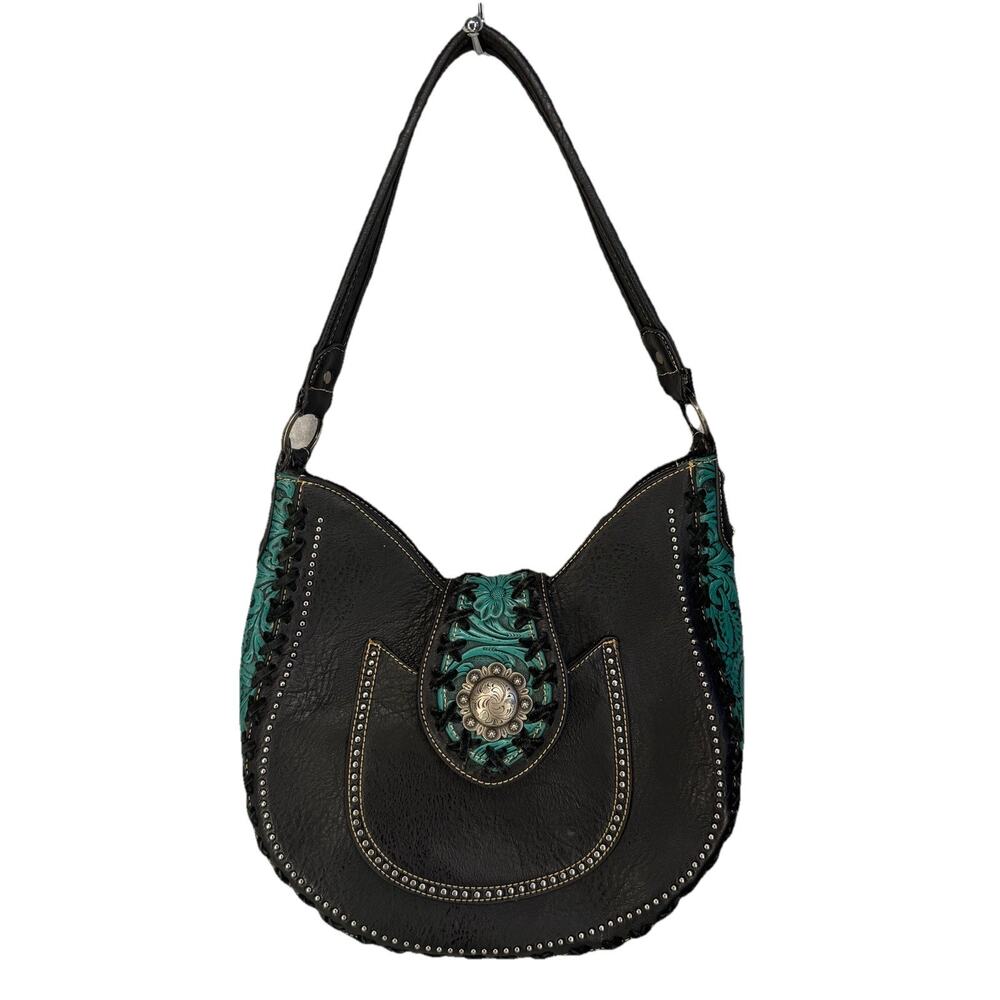 Trinity Ranch Purse Turquoise Black Leather Tooled Conceal Carry Shoulder Bag